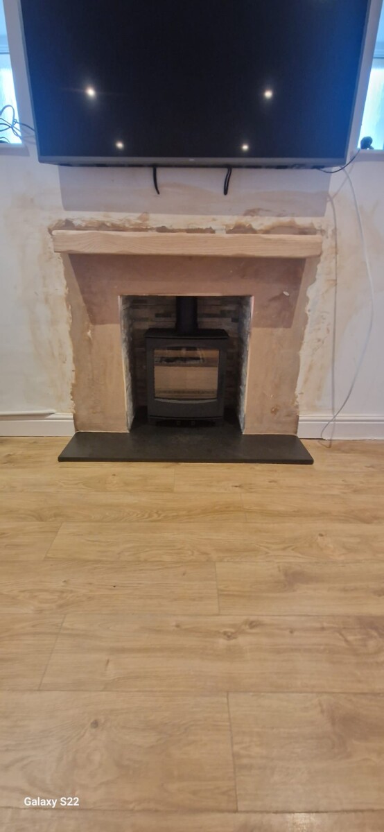 Completed Multifuel Stove and Oak Mantel Installation Pontardawe Swansea Valley