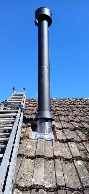 Mi TW Pro Black 5" flue installation on tiled roof with anti-downdraft cowl by Hopkins Log Burners in Bynea, Llanelli