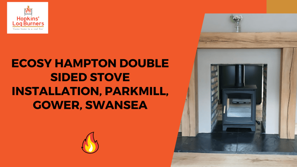 Completed Ecosy Hampton wood burner installation Parkmill Gower showing front view with oak surround and black slate hearth by Hopkins Log Burners